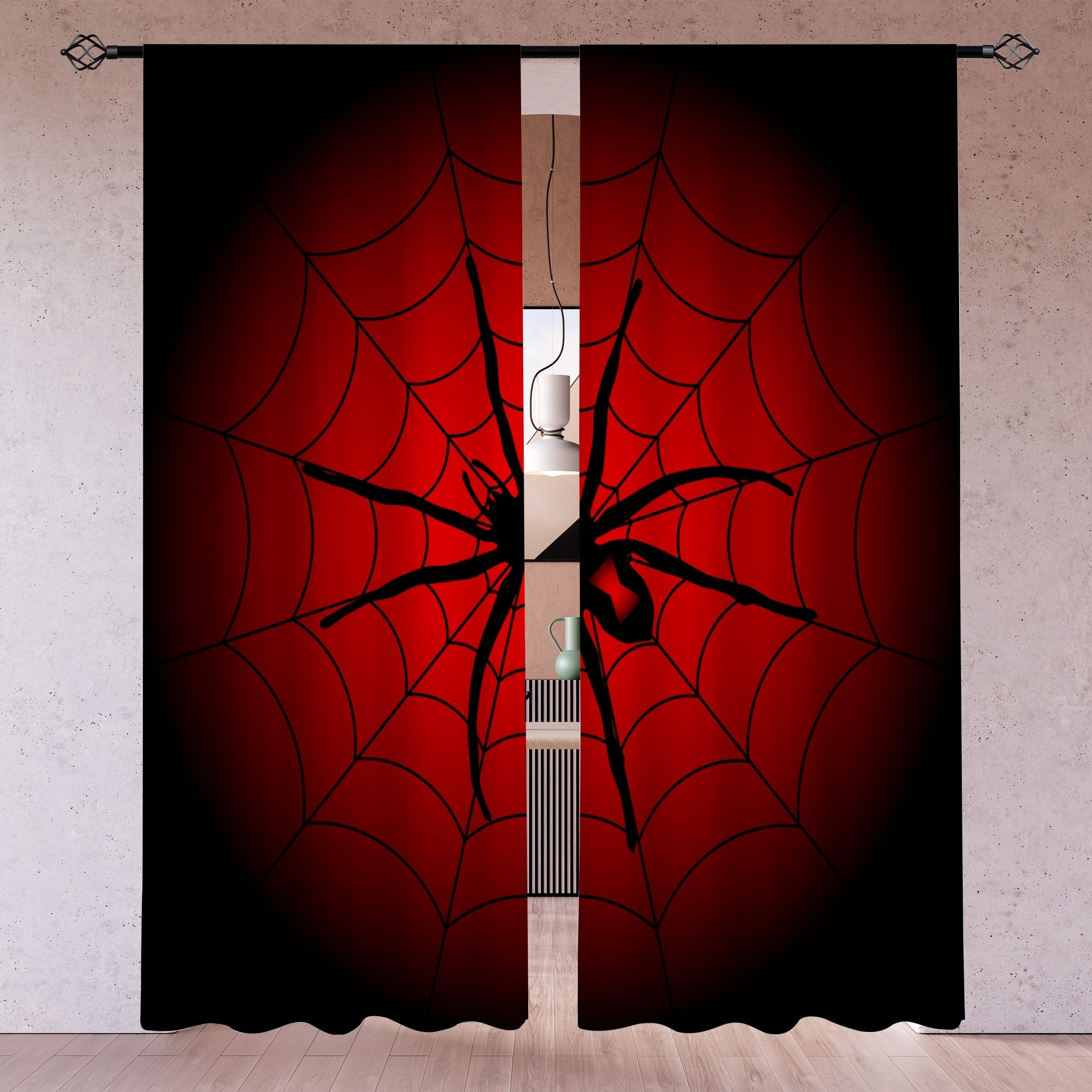 TEMU 2pcs, Black Spider Web Printed Translucent Curtains, Multi-scene Polyester Rod Pocket Decorative Curtains For Living Room Game Room Bedroom Home