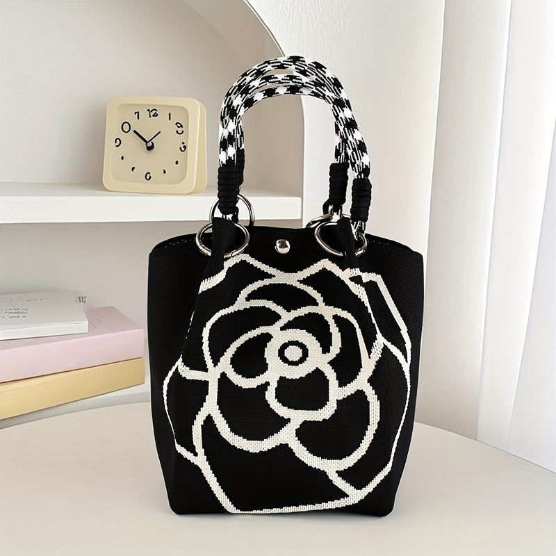 TEMU Women's Elegant Floral Knit Tote Bag With Snap Closure & Fixed Strap - Spacious Large Capacity Durable Handbag, Black & White Flower Pattern