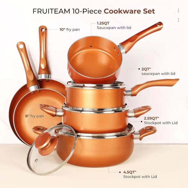 Ceramic Cookware Set, 10-Piece Aluminum Non-Stick Pots and Pans Set with Lids, Induction Compatible, Copper