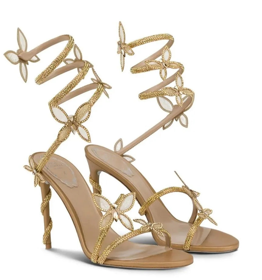 Top Luxury Renes Margot Crystal Sandals Shoes Snake Wrapped Butterflies Strappy High Heel Caovillas Gladiator Sandalias Wedding,Party,Dress,Evening