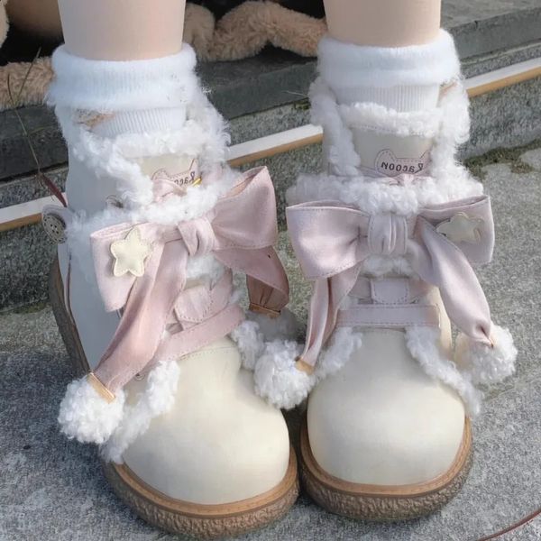 Trendy Mid-term Plush Boots 2024 Winter Plush Cute Flat Bottomed Round Bow Casual Womens Snow Boots Zapatos Mujer Sneakers241226