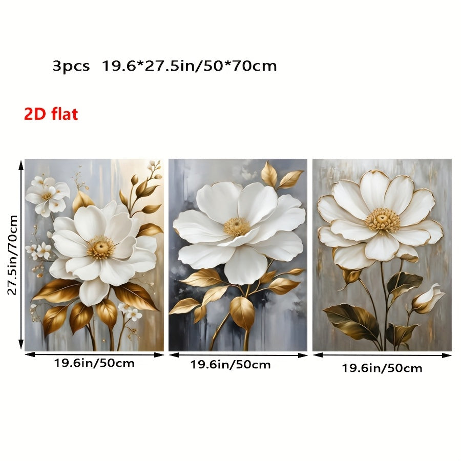 TEMU 2d Flat, 3pcs And White Flowers Art Canvas Print, Frameless Wall Decor For Home, Office, Cafe - Elegant Floral Landscape Posters, Perfect Gift
