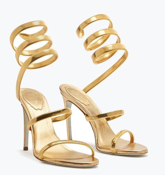 Top Luxury Women Juniper Metal Sandals Shoes Gold Silver Grey Spiral Wraps Strap High Heels Ankle Strappy Party Wedding Summer Gladiator San