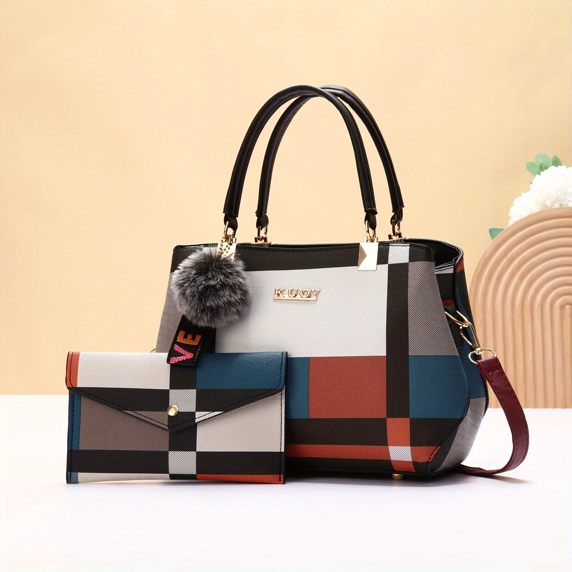 TEMU Gift For Mom, Family Women's Fashion Large Shoulder Bag Crossbody Bag Set, Handbag, Plaid Letter Tote Bag, Thanksgiving Gift