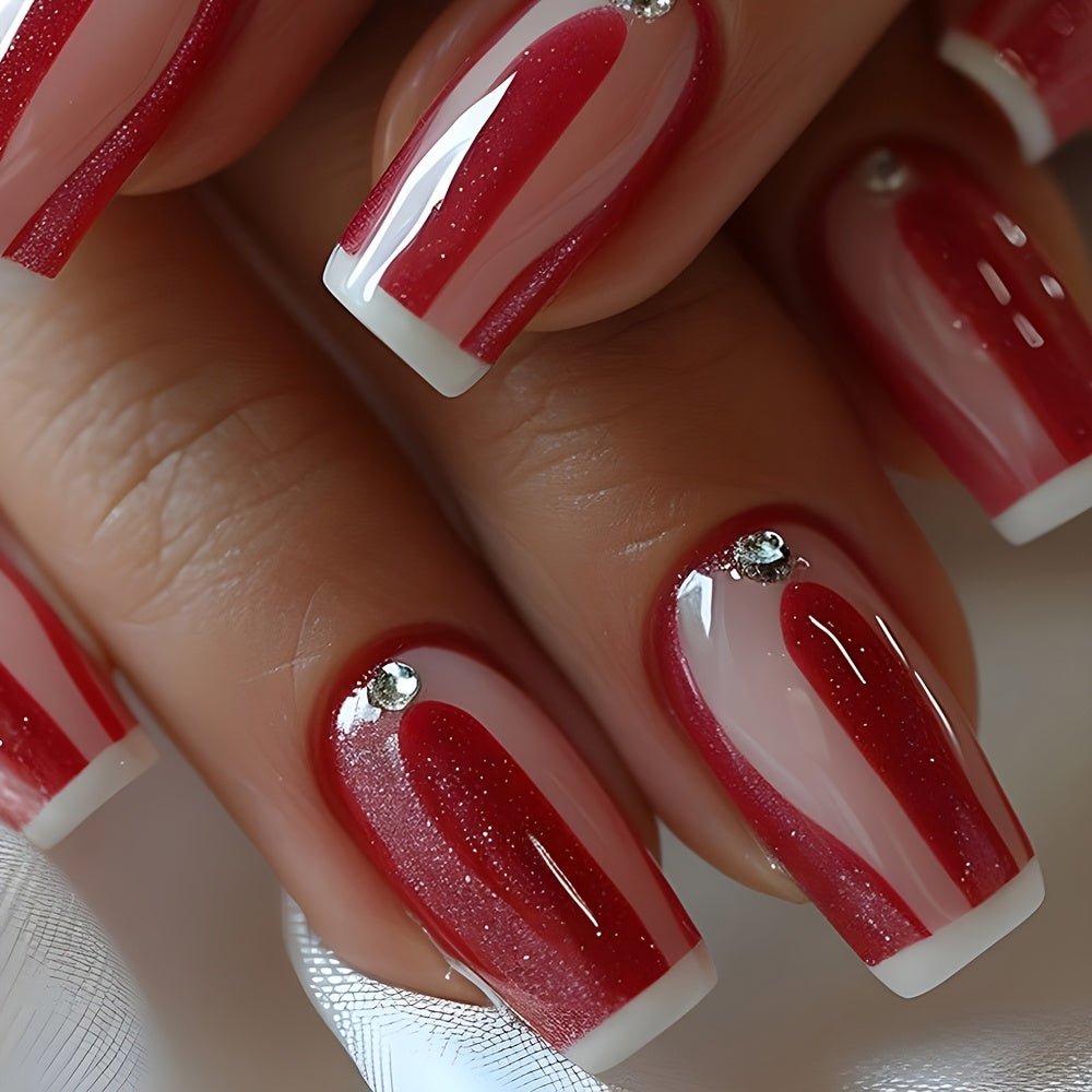 TEMU 24pcs Glossy Medium Square Press-on Nails - Stripe With Accents, Shiny Reusable Fake Nails For Women, Elegant French Manicure Design