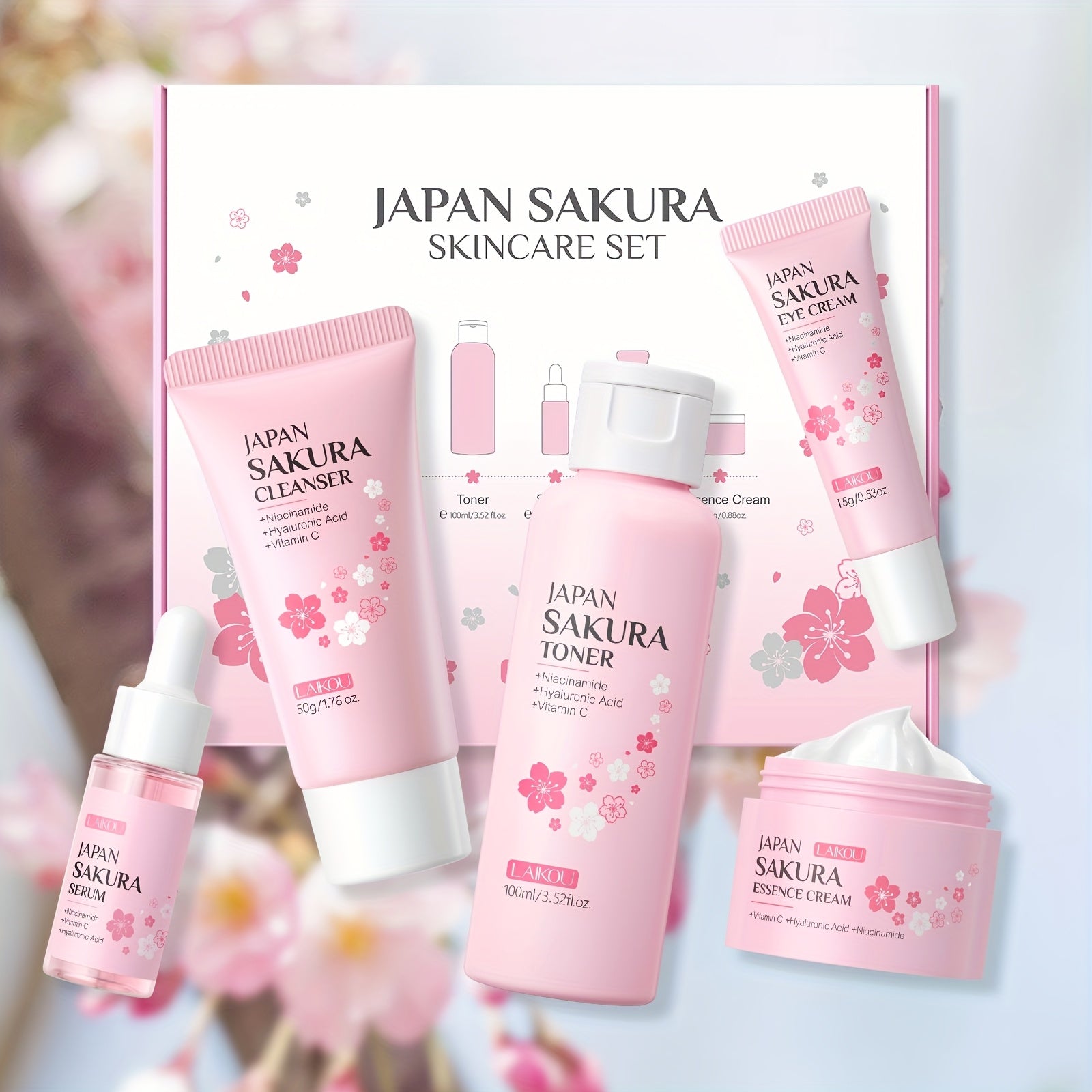 TEMU Laikou Sakura Day Gift Box 5pcs Skincare Set, Serum 0.59 Fl.oz, Moisturizer 0.88oz, Eye Cream 0.53oz, Toner 3.52 Fl.oz, Pores Cleanser 1.76oz,
