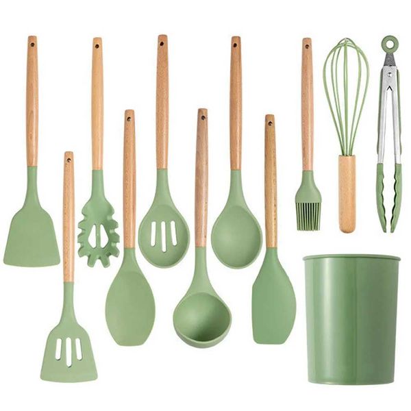 Avocado green silicone kitchenware set non stick kitchenware spatula egg mixer wooden handle kitchen tool setX240831