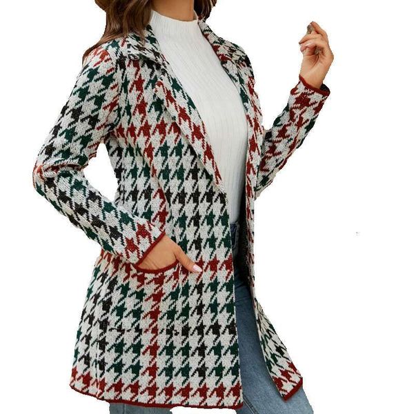 Autumn and winter long sweater with contrasting bird pattern knitted cardigan elegant commuting suit collar windbreaker jacket