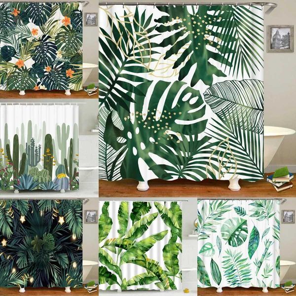3d Printed Green Tropical Plants Shower Curtains Bathroom Waterproof Polyester Leaves Bath Curtain Shower Curtain Bath Screen M240824