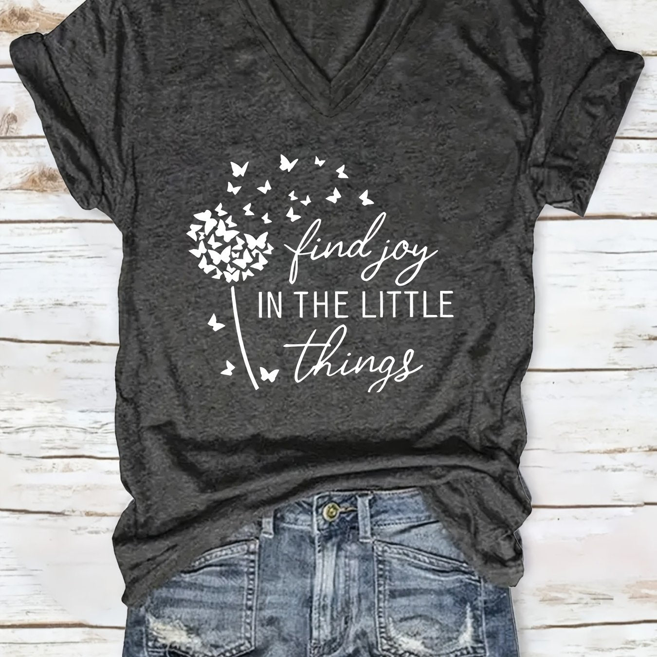 TEMU Printed T-shirt, Short Sleeve V-neck Casual Top, Summer And Spring, Women's Clothing