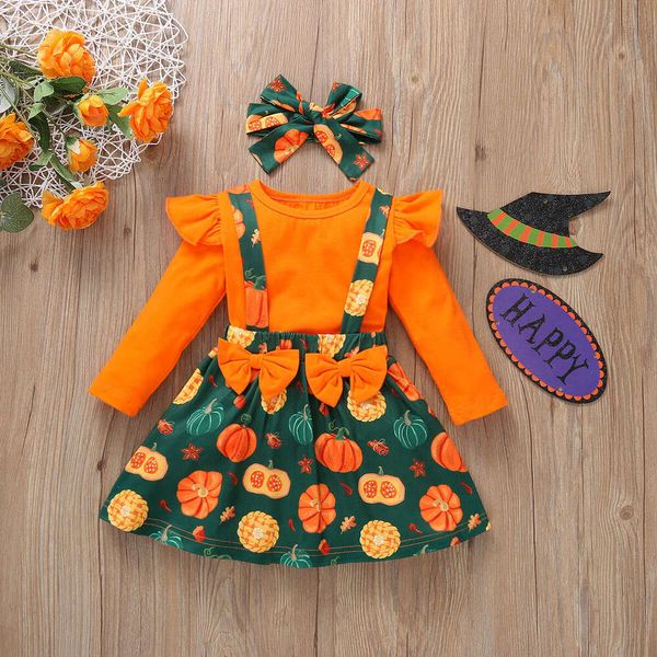 Halloween children&#039;s clothing, girls&#039; autumn style long sleeved T-shirt, pumpkin printed shoulder strap skirt+headband 3-piece set