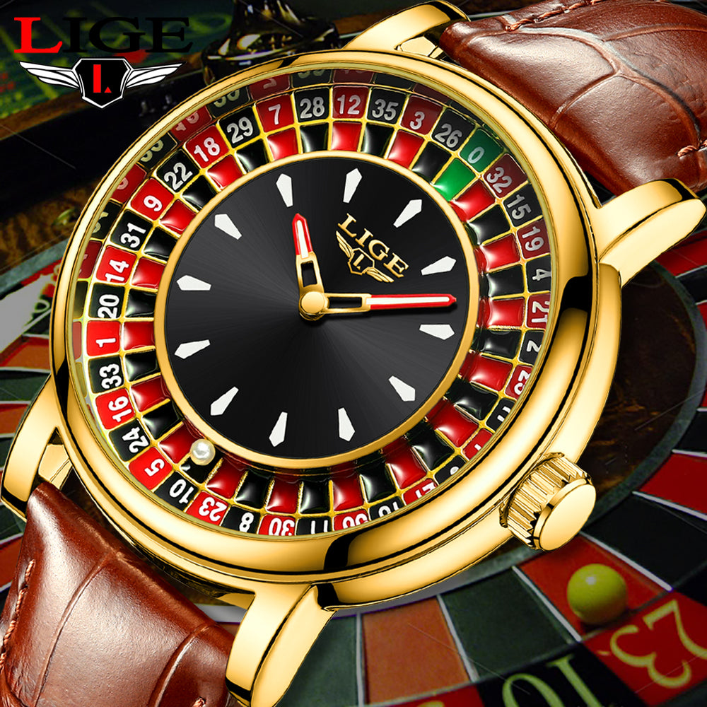 Fashion Leather Men Lucky Watch Rotating Dial Las Roulette Desktop Lucky Watch Men Waterproof Luminous Clock Watches