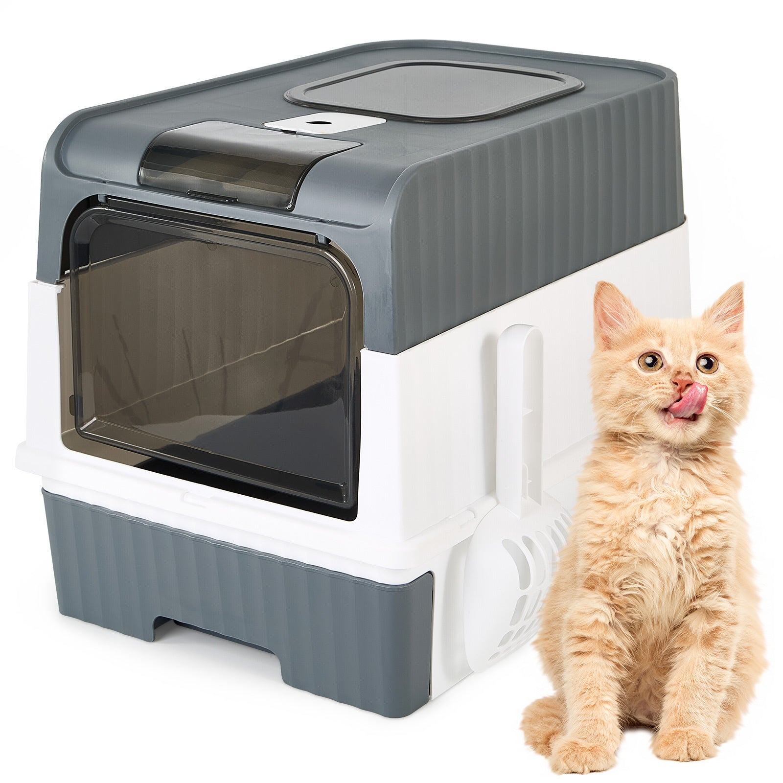 TEMU 1pc Extra-large Cat Litter Box With Easy-clean Drawer And Scoop - Spacious, Durable Polypropylene Rectangular Kitty Toilet