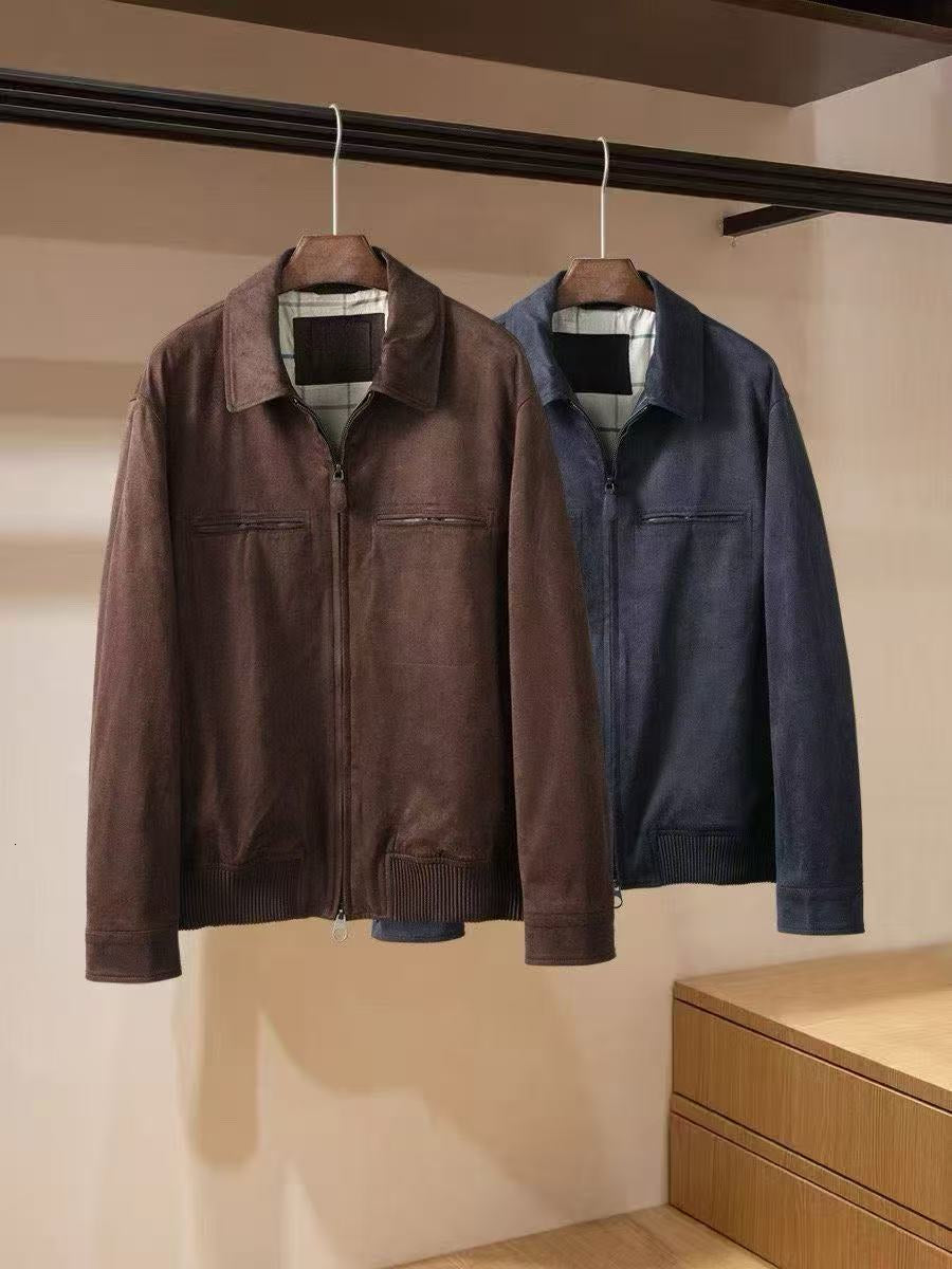 Designer Luxury Brand Suede and Premium Genuine Leather Trimmed Mens Autumn Winter Bomber Jacket Casual Coat