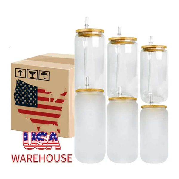 US Sublimation 16Oz CA Warehouse Glasses Beer Mugs With Bamboo Lids And Straw Tumblers DIY Blan Cans Heat Transfer Iced Cups Mason Jars 383