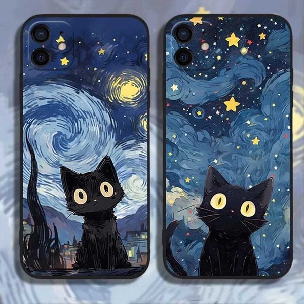 Artistic Black Cat Starry Night phone case suitable for iPhone 15 14 12 11 Pro Max 12 13 Mini XS Max XR SE3 8 14 Plus soft shell cover M2409