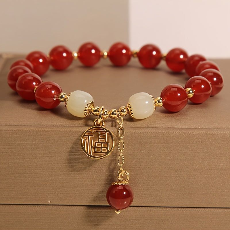 TEMU Elegant Red Agate Beaded Bracelet With Golden Accents – Traditional Style, Smooth Polished Beads, Perfect Gift For Women, Casual Attire Or