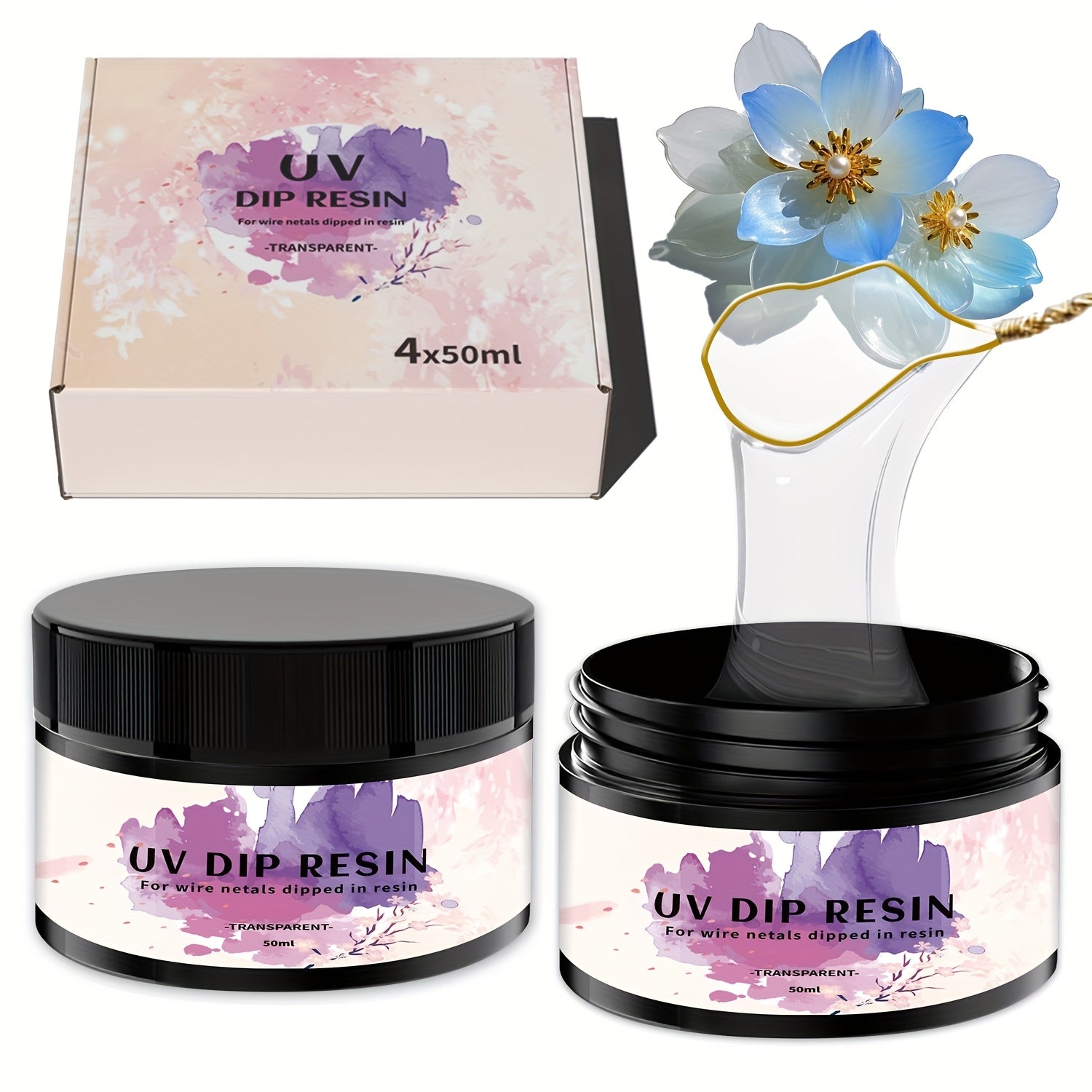 TEMU 4pcs Uv Resin Dip For Wire Flowers-no Power Needed &50ml Bottle Suitable For Jewelry Pendants& Crafts Diy