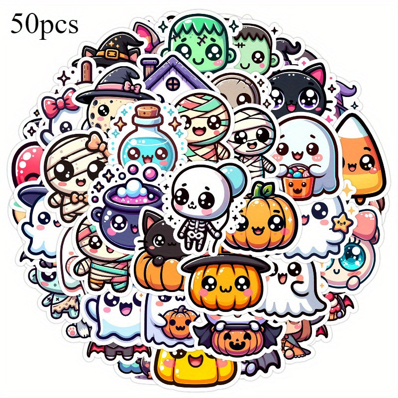 TEMU 50pcs Cute Halloween Stickers - Waterproof Pvc Decals For Laptops, Phones, Skateboards & More - Spooky , Pumpkins, Bats, , And Haunted House