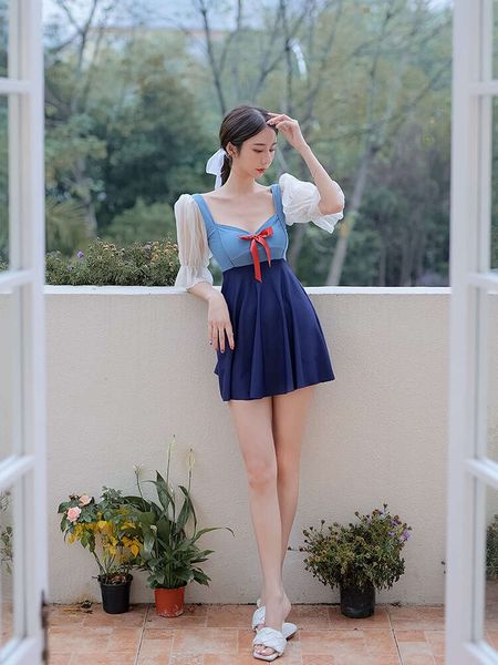 2024 New Women&#039;s Skirt Style One piece Conservative Small Chest Gathering, Covering the Belly, Slimming Hot Spring Swimming Suit Women