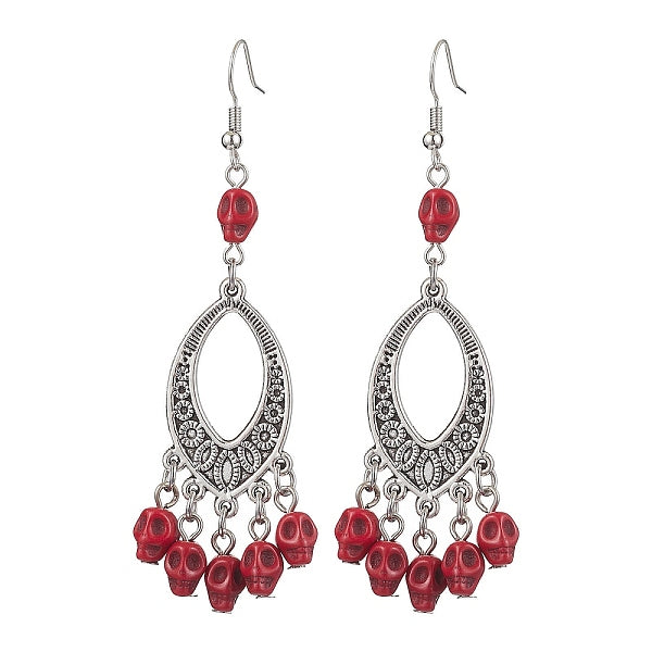 Boucles d'oreilles pendantes en alliage et turquoise synthétique teint avec crâne d'Halloween