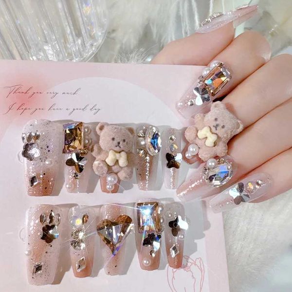 24Pcs Luxury Rhinestones Press on Nail False Nails Glitter Long Ballet Cute Bear Rabbit False Nail with Jelly Glue Fake NailXJ241025