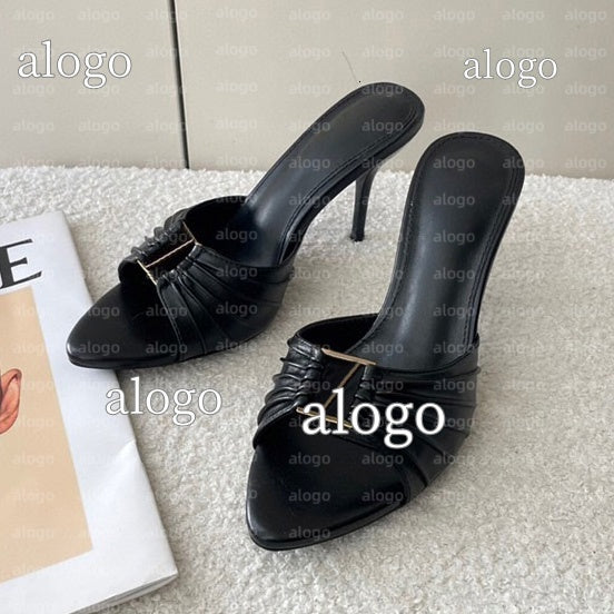 Elegant Dress shoes Ladies stiletto Slippers mule Genuine Leather Fashionable Letter Buckle Sharp toes sandals luxury women designer high-heeled Sli