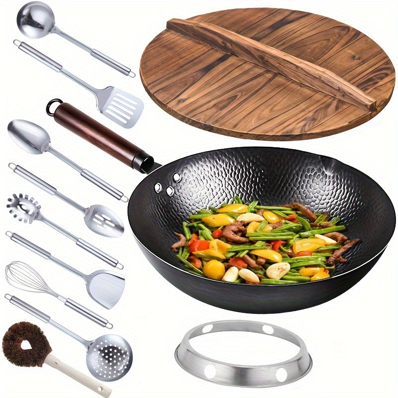 TEMU Cast Iron Wok With 11pcs Cookware Accessories, Pan 12.6 Inch, Stir-fey Pan, Flat Bottom Carbon Wok,, For Induction, Electric, Gas, Halogen, All