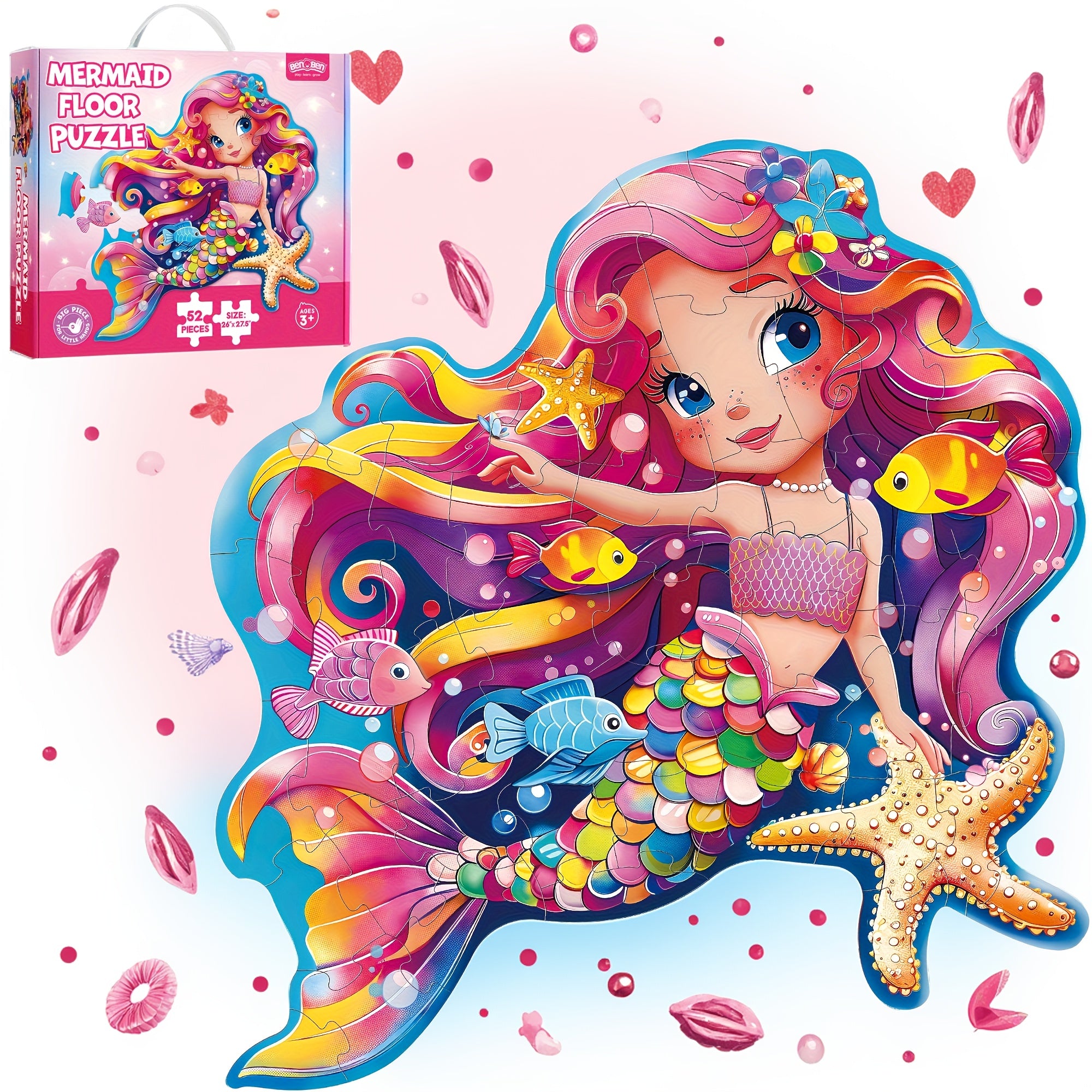 TEMU Mermaid Floor Puzzles, 26"x 27.5" Jigsaw Puzzles For Kids, 52pcs Large Puzzles For Toddlers, Toys Birthday Gift For Girls Boys