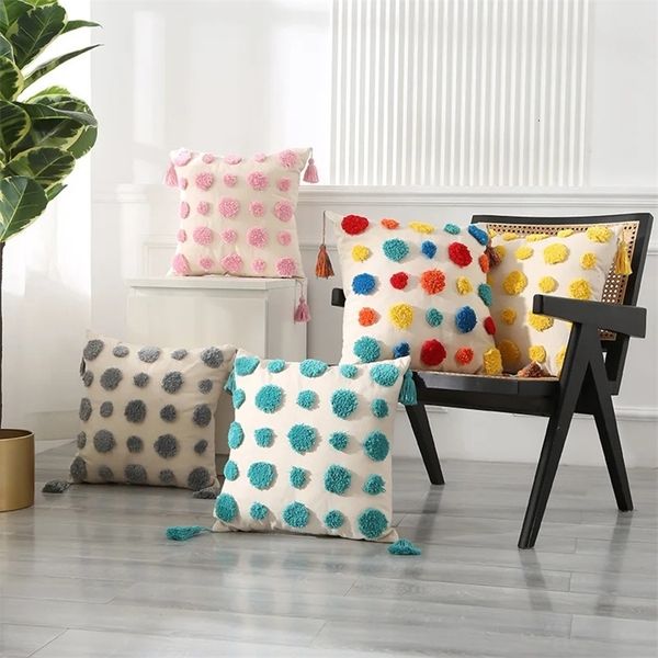 Colorful polka dot plush soft cushion cover Bohemian Tassel decorative pillow sofa soft cotton canvas throw pillow box home decoration 24082
