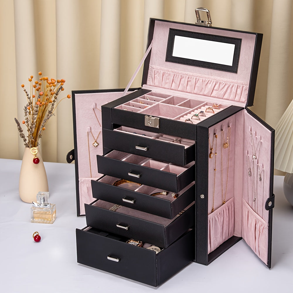 TEMU Feiyan 6 Tier Jewelry Box, Jewelry Case With 5 Drawers, Large Storage Capacity, With Mirror, Lockable, Jewelry Storage Organizer, Gift For