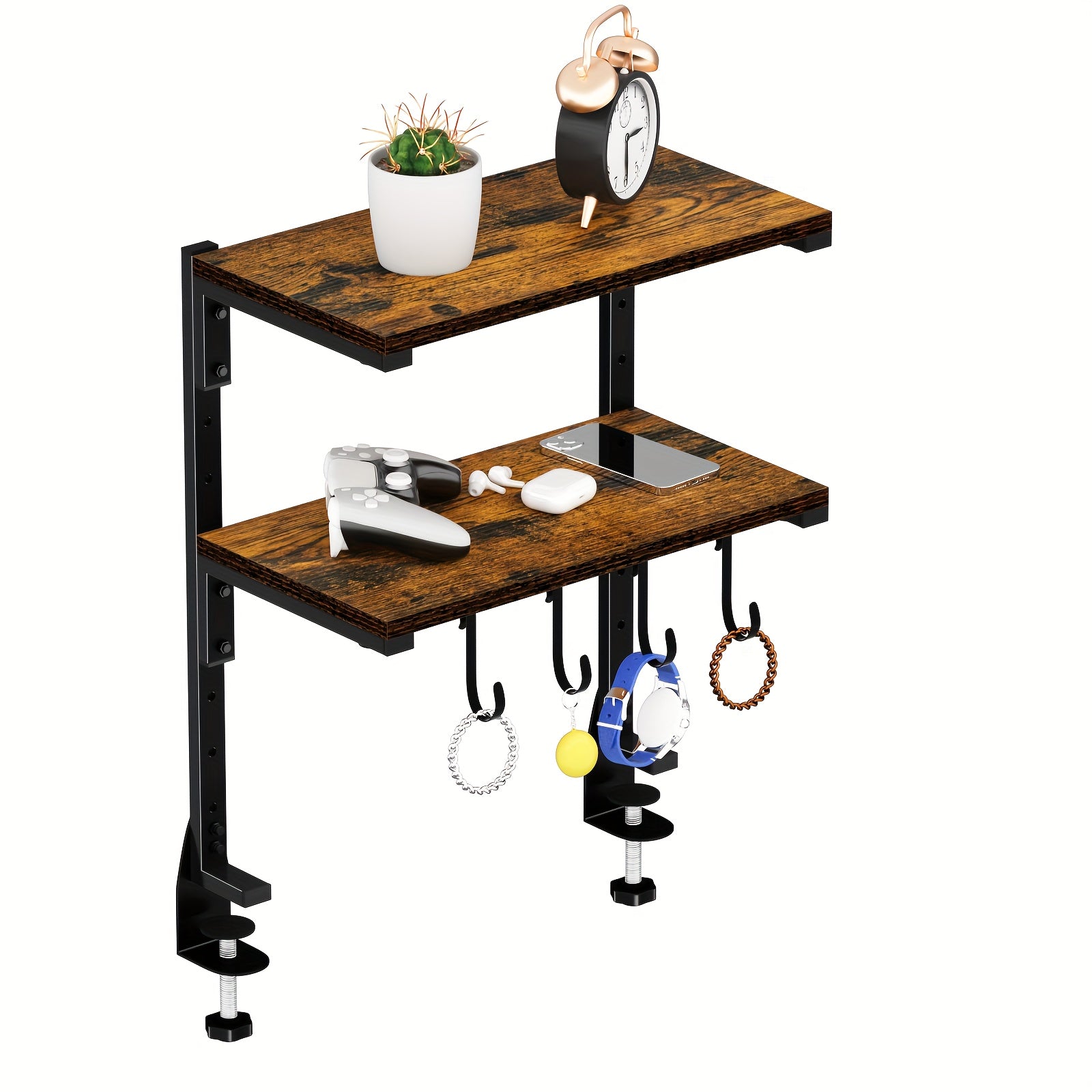 TEMU 2-tier Adjustable Desktop Organizer - 16 Inch Metal & Recycled Wood Extension Side Table With Rustic Brown Finish, Space-saving Storage For