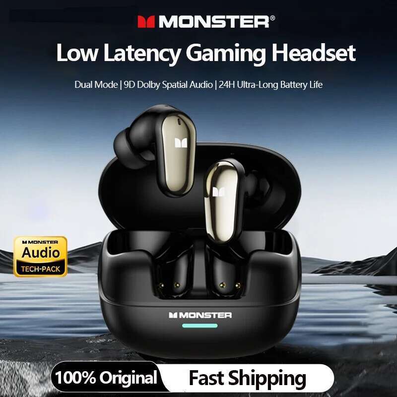 Monster MQT52 Bluetooth 5.4 Wireless Earphones 24H Long Battery Life Stereo Headphones Low Latency Gaming Dual Mode Headset Gift
