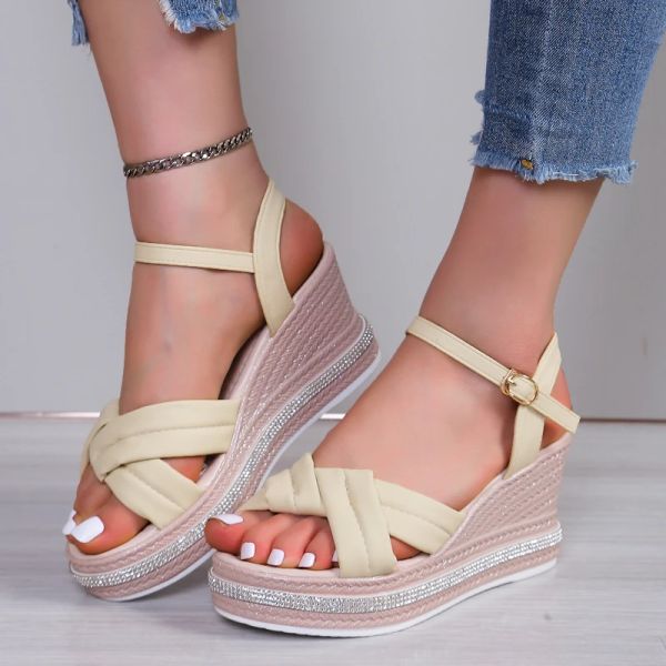 New 2024 Summer Fashion Round Head Open Toe Buckle Thick Bottom Slope Crystal Women&#039;s High Heel Beach Sandals ed03