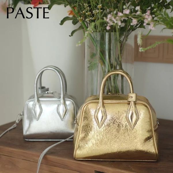 Fashion Stylish Shiny Gold Sier Color Boston Tote Small Medium Size 100% Cowhide Leather Women Handbag High-Class Shoulder Bag