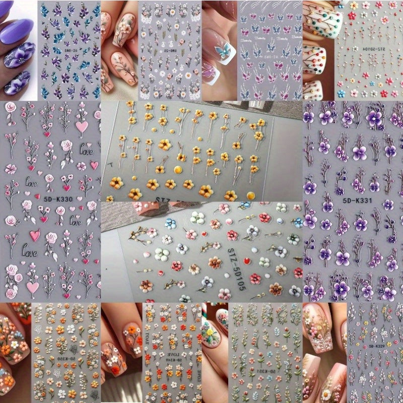 TEMU 12pack 5d Embossed Flower Nail Stickers, Flower & Nail Art Stickers Decals Rose Pattern Self-adhesive Nail Stickers, Diy Nail Art Decorations,