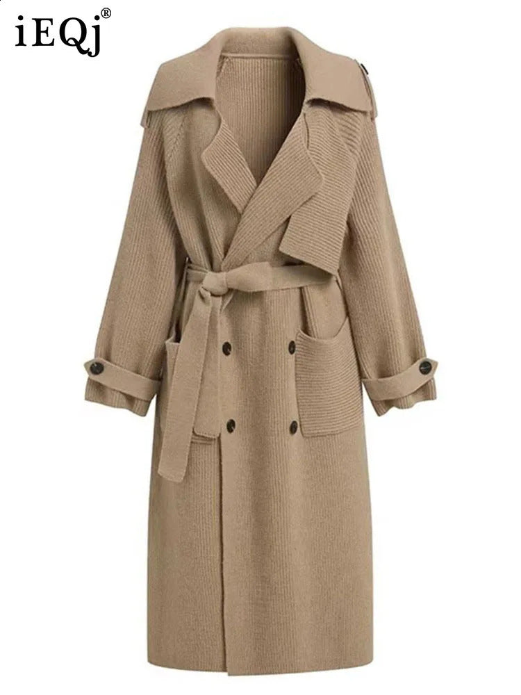 IEQJ Lace-up Spliced Knitting Slim Windbreaker For Women Elegant Thick Casual Solid Trench Coat Autumn Clothing 3WQ7458 240822