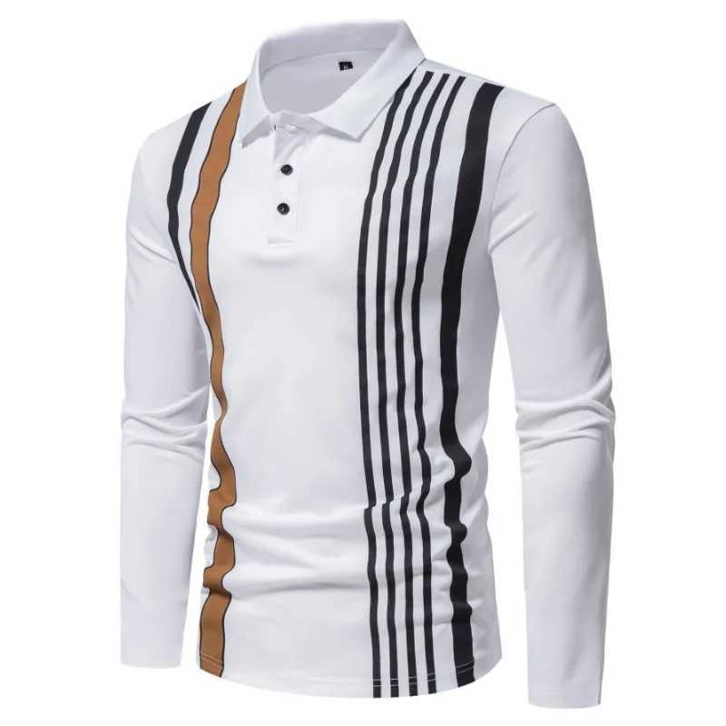 Autumn New Solid Stripe Design Polo Collar Mens Long Sleeve ShirtX240920
