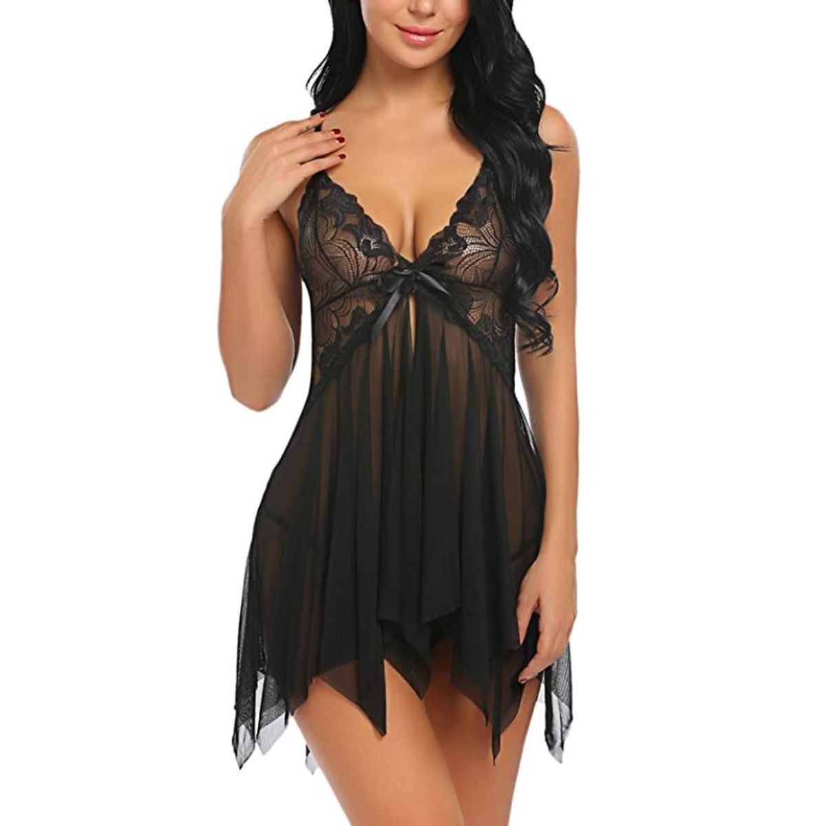 Women's Lace Babydoll Lingerie Sleepwear - Black - Medium