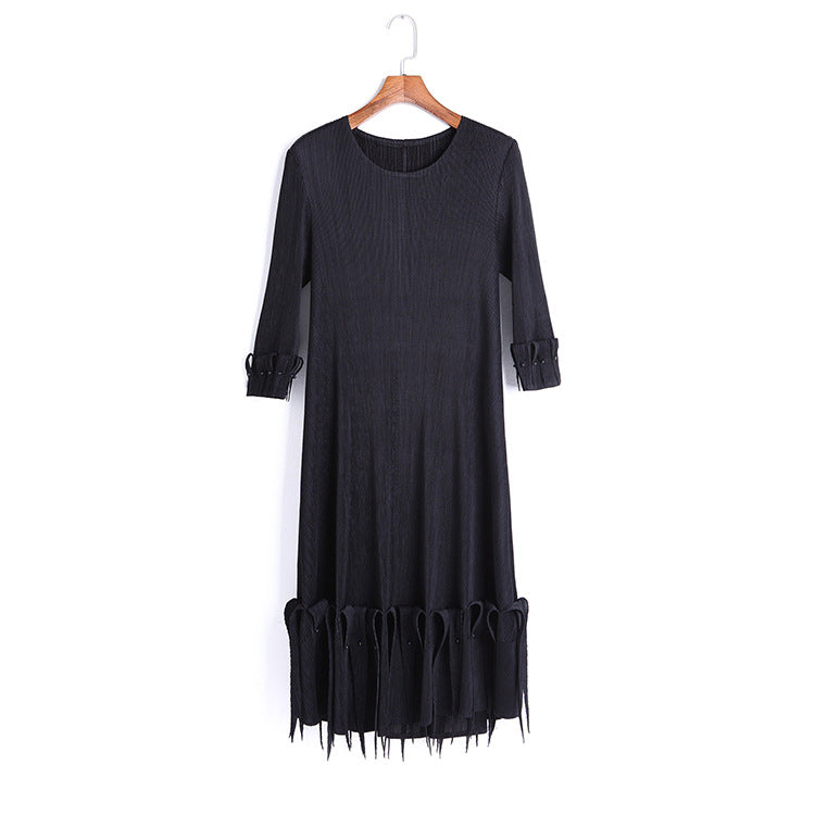 (466) Women&#039;s Miyake beaded tassel dress, loose pleated, wide swing, A-line long skirt, drapey small dress