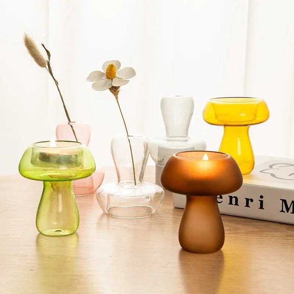 Vases Mini Mushroom Glass Vase Hydroponic Flower Vase Mushroom Candlestick Clear Candle Holder Room Desktop Decor Nordic Home Decor