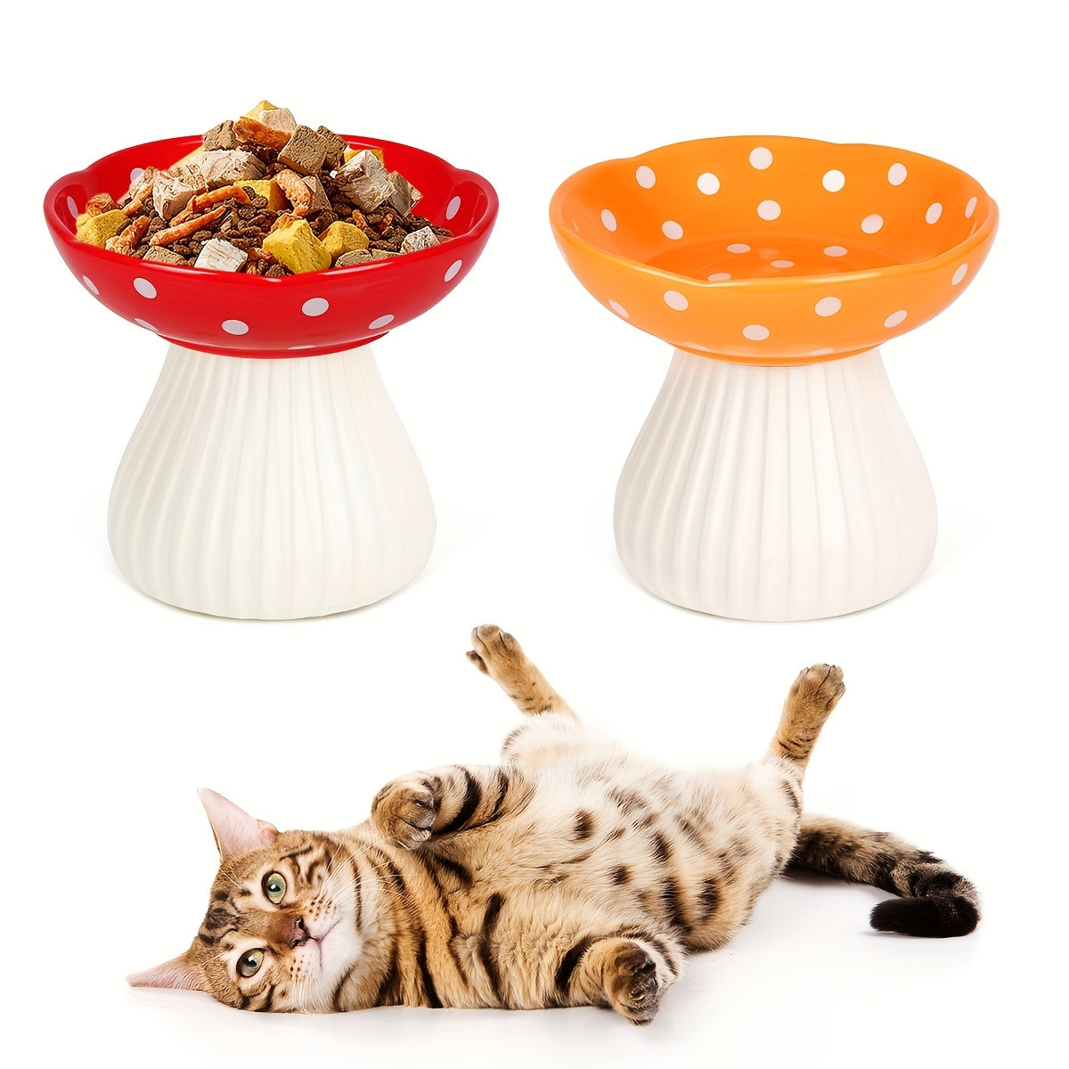 TEMU 2set Ceramic Cat Bowls Bundle, Mushroom-shaped Elevated Bowls, Raised Pet Dish Bowl W- 5.9" Perfect Height For Food And Water, Non-slip & Anti