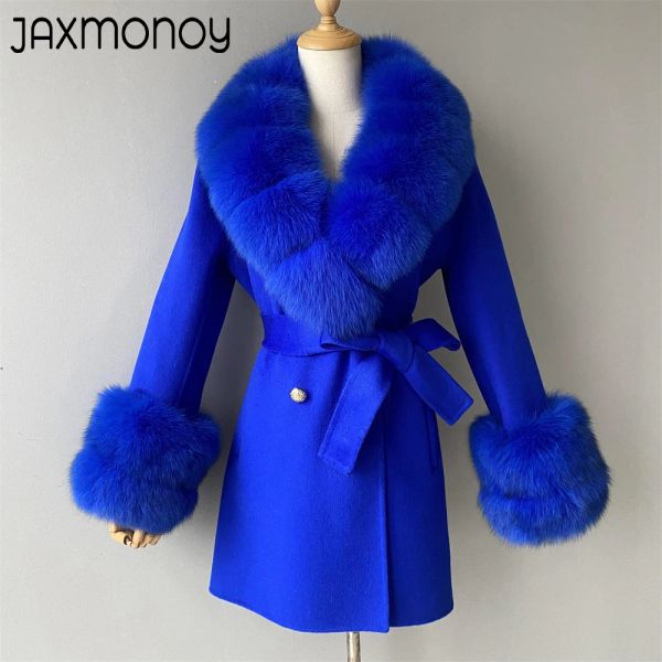 Jaxmonoy Women Cashmere Coat With Real Fox Fur Collar and Cuffs Autumn Winter New Mid-length Woolen Coats Double-Breasted Jacket