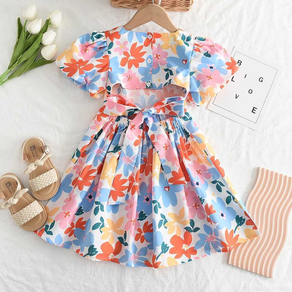 Girls Dresses 2023 Summer New Baby Girls Colourful Floral Short-sleeved Dresses 3-7 Years Old Girls ClothingXJ240720