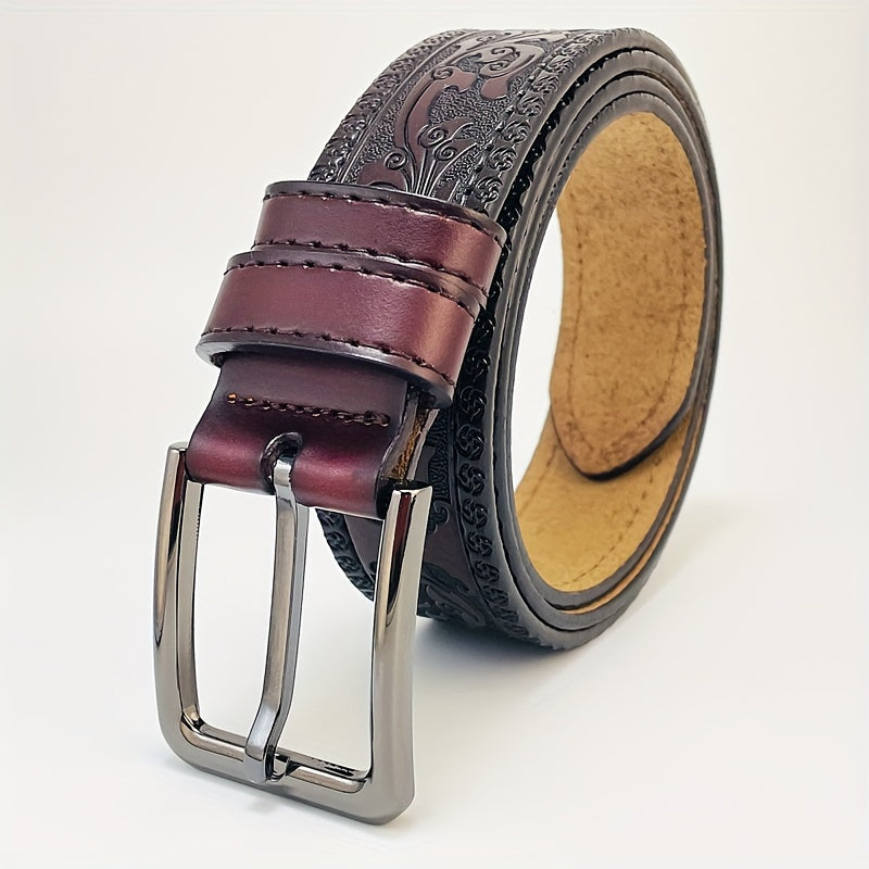 TEMU Men's Vintage Embossed Genuine Leather Belt - With Golden-tone , Pattern, Durable & Stylish For Casual Attire, Everyday Belt | Vintage | Durable