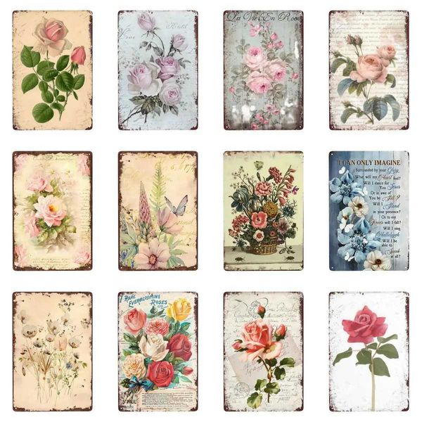 1pc Vintage Roses Retro Metal Sign Wildlife Flower Butterfly Sign Summer Wall Decor for Home Kitchen Cafes Office Club 8x12 InchXJ250116
