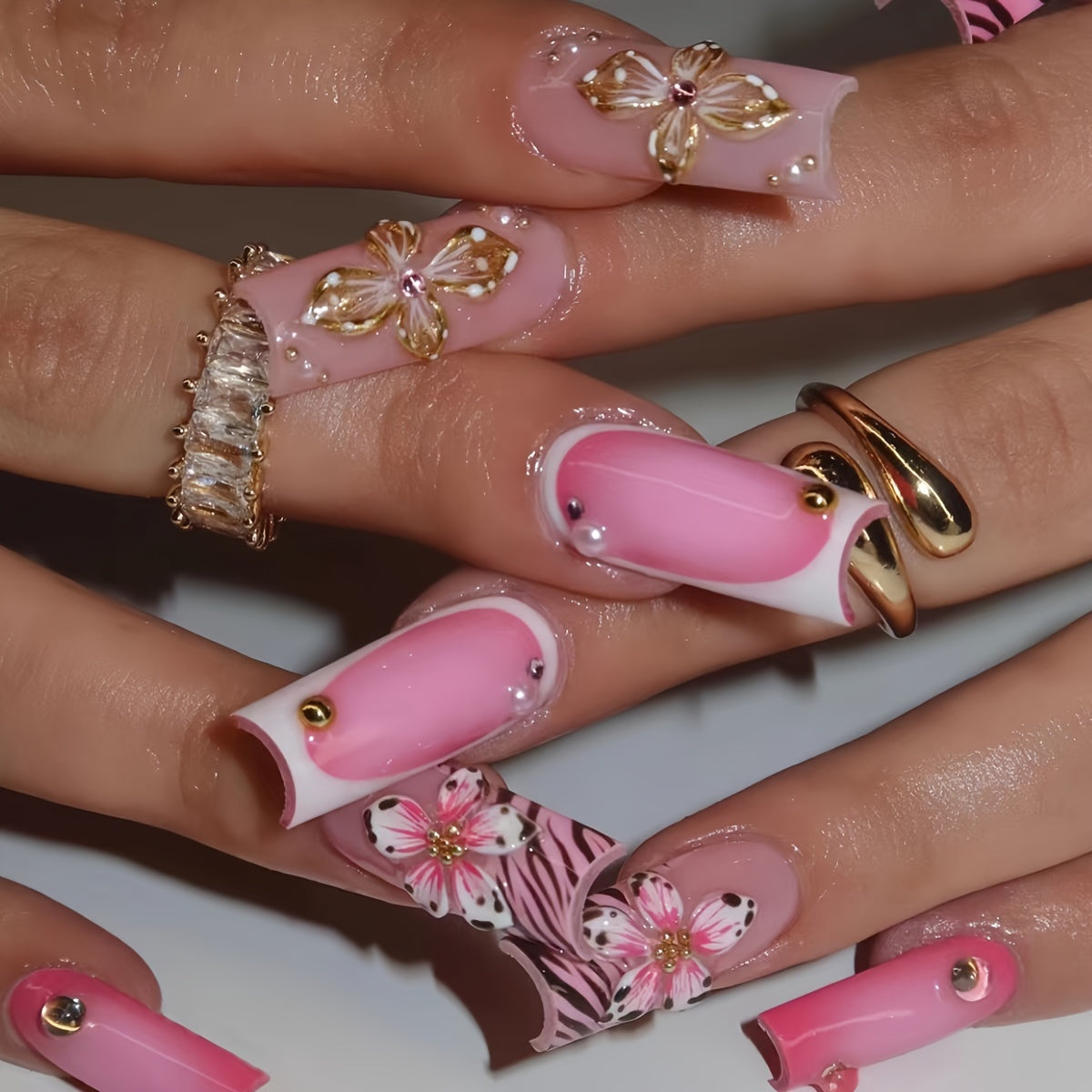 TEMU 24pcs Soft Pink 3d Floral French Stripe Long Press-on Nails Set With Nail File And Jelly Glue, Mixed Color, Square Shape, Long Length, Glossy