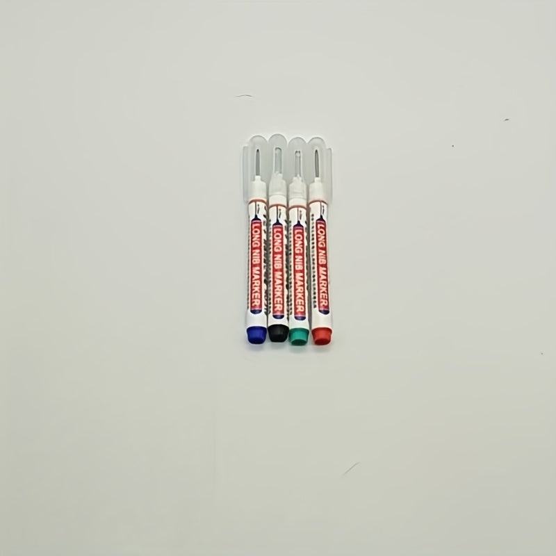 TEMU 4pcs Long-tip Marker Pen Set - Medium Point, Oil-based Ink - Ideal For Woodworking, Bathroom Decor, And Multi-surface Marking - Includes Red,