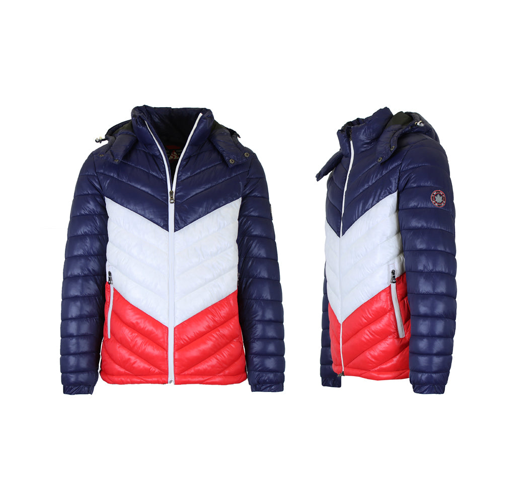 Men's Heavyweight Hooded Puffer Bubble Jacket - Navy-White-Red - Small