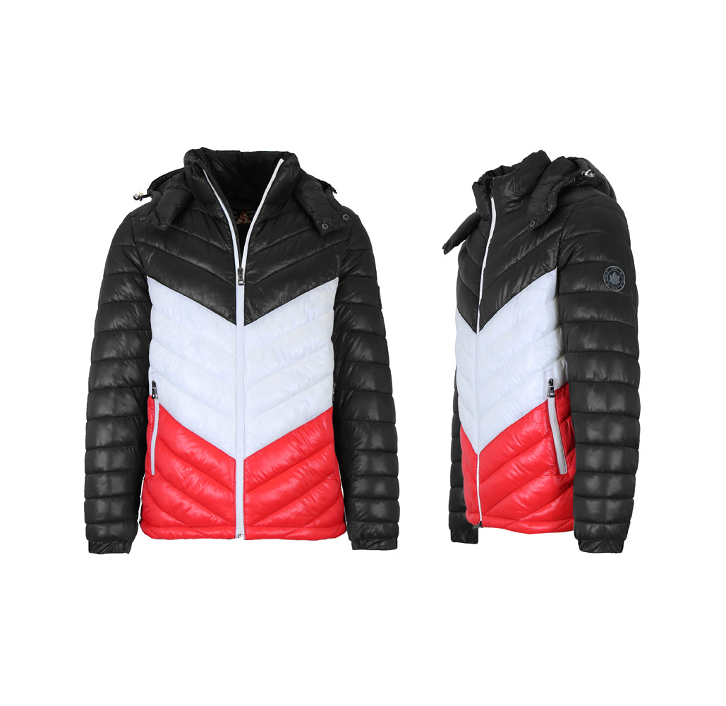 Men's Heavyweight Hooded Puffer Bubble Jacket - Black-White-Red - Large